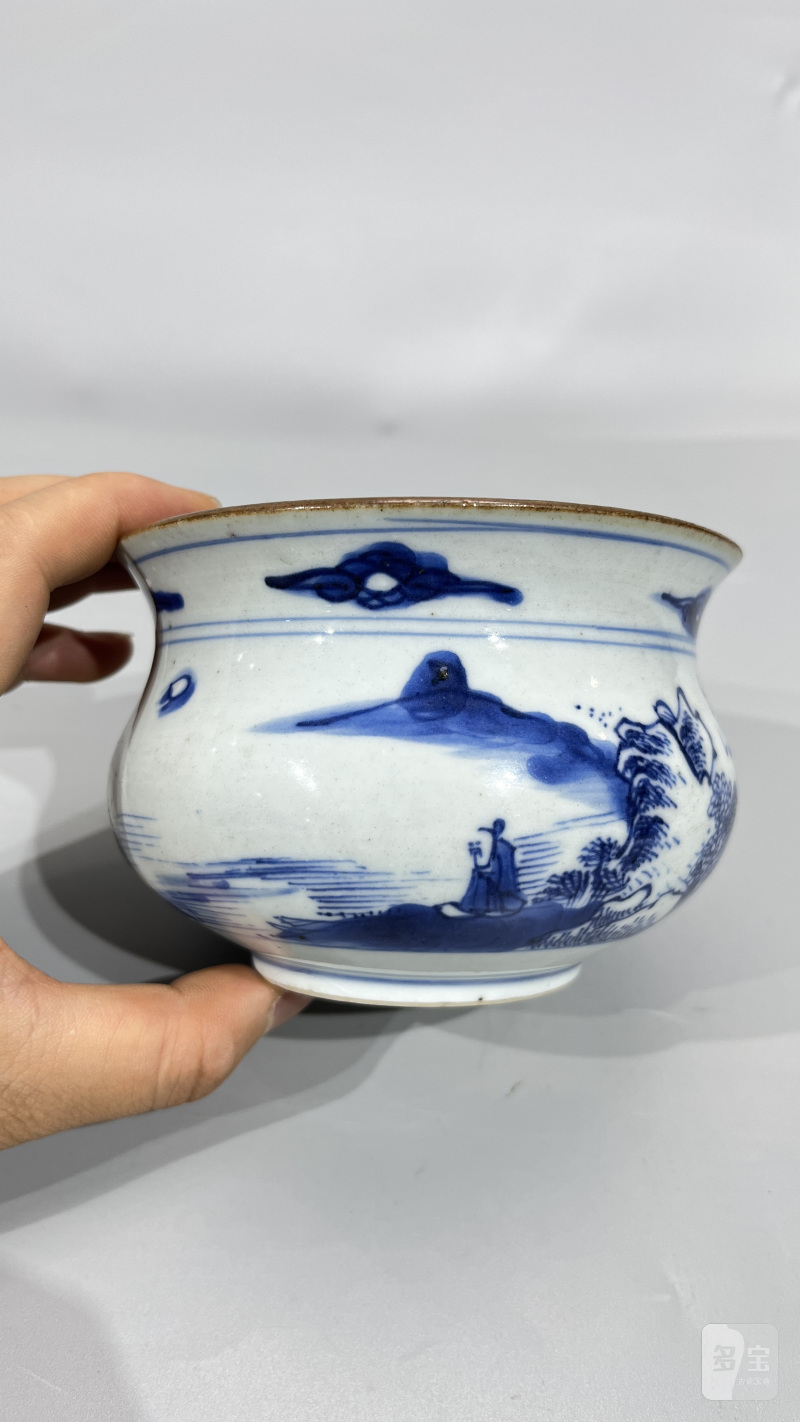 清早期 青花山水人物纹香炉 - 图7